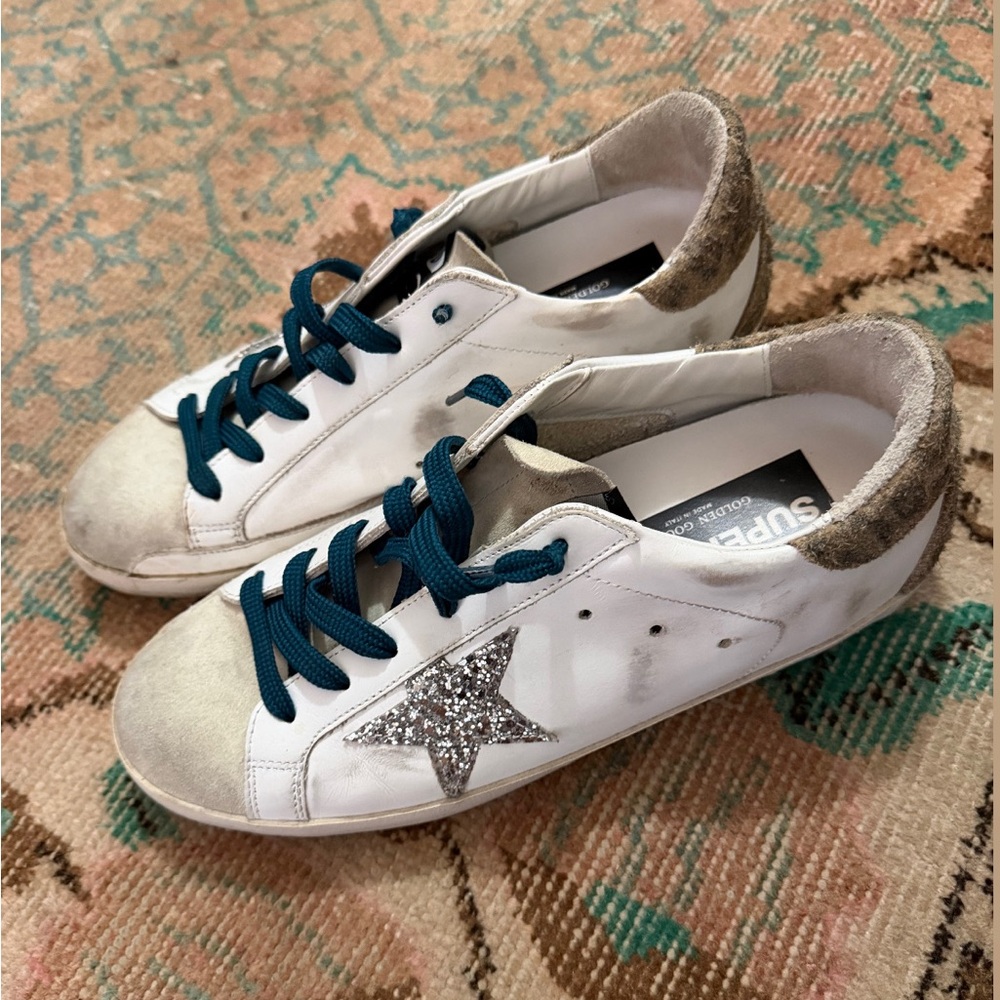 Golden Goose White and Silver Glitter Star Sneakers